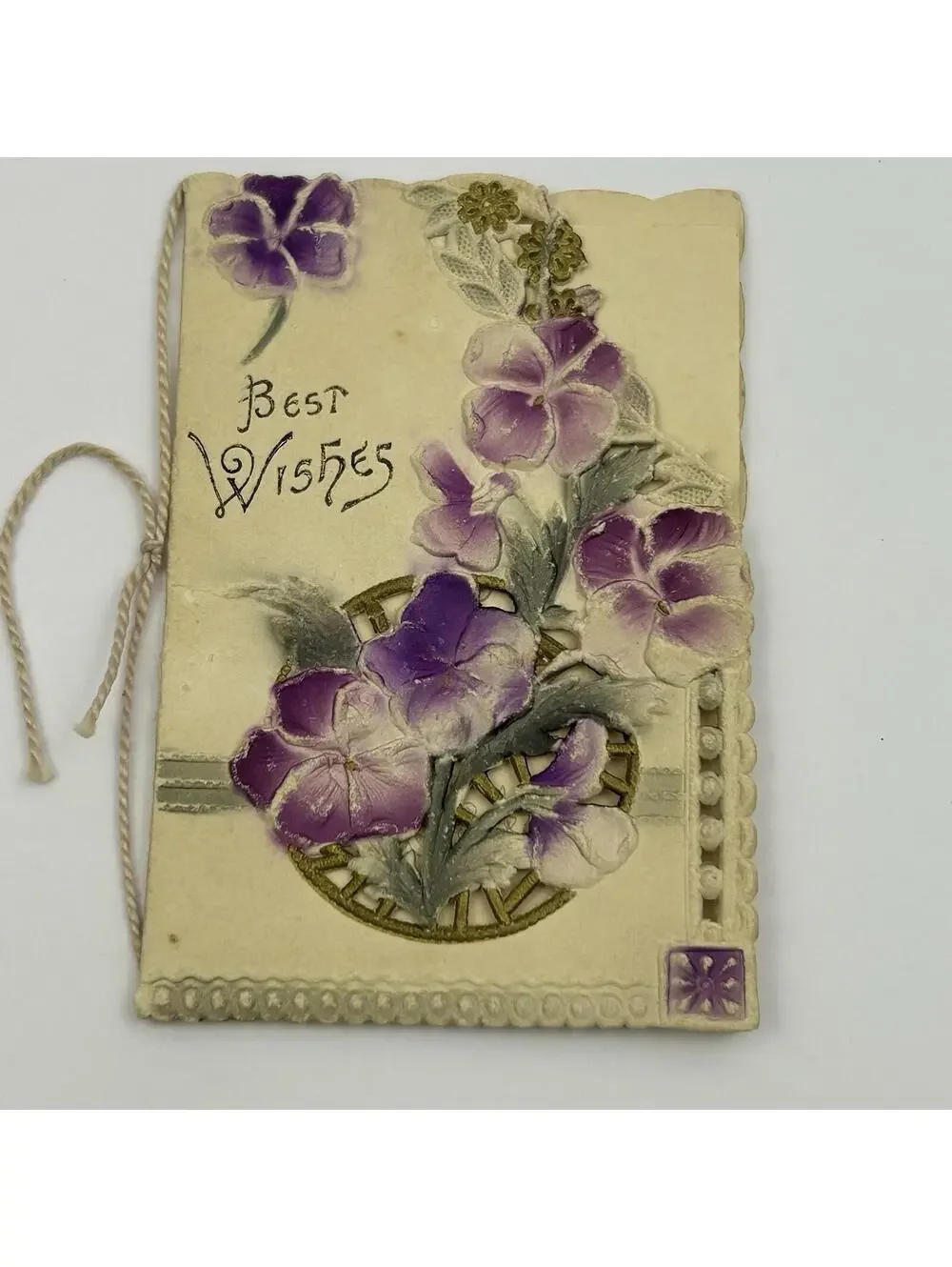 Antique Die-Cut Embossed Greeting Card Booklet Pansies 1900-1915 Gilt Poem F2